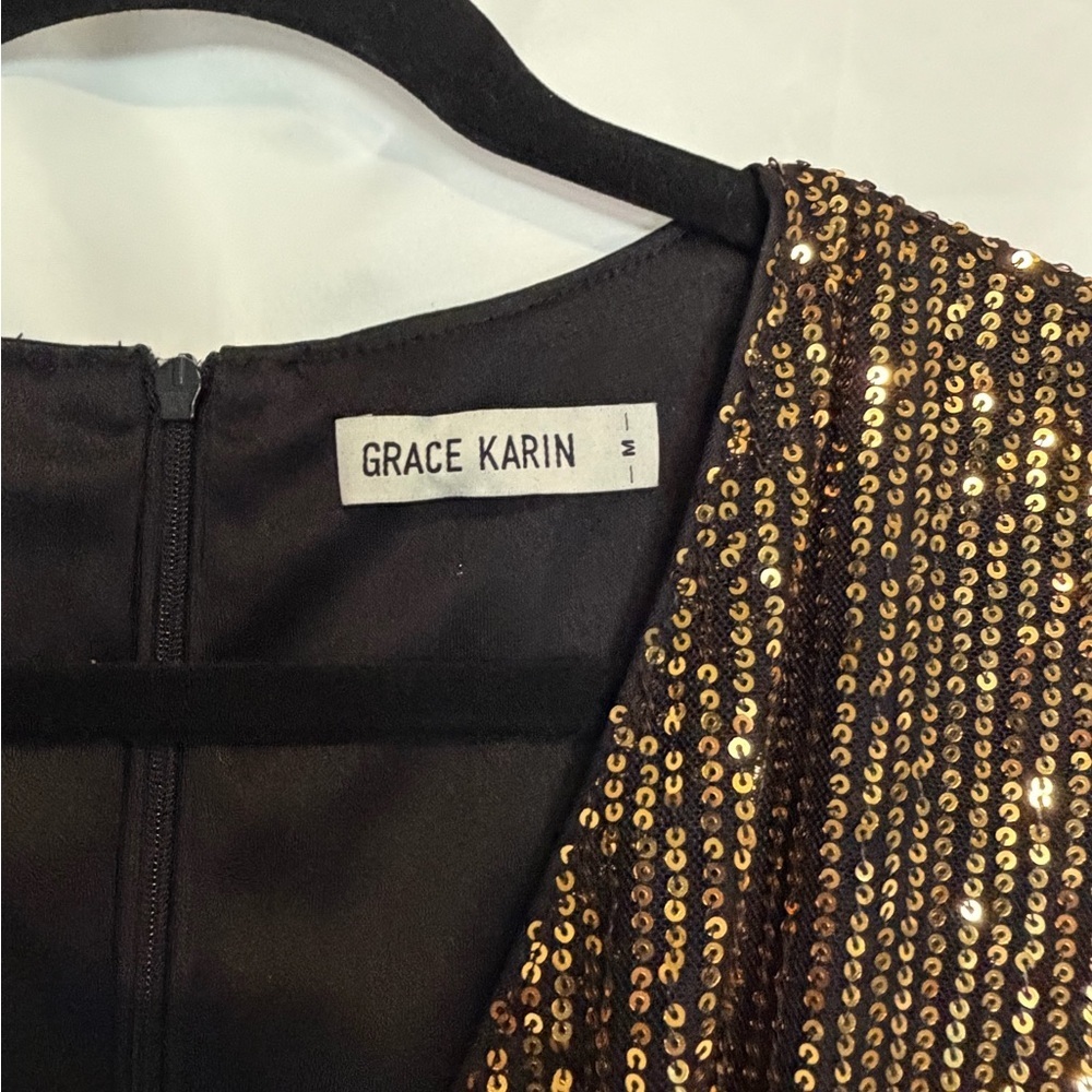 Grace Karin Black and Gold Sequin Midi V-neck Bodycon cocktail Dress - Picture 4 of 6